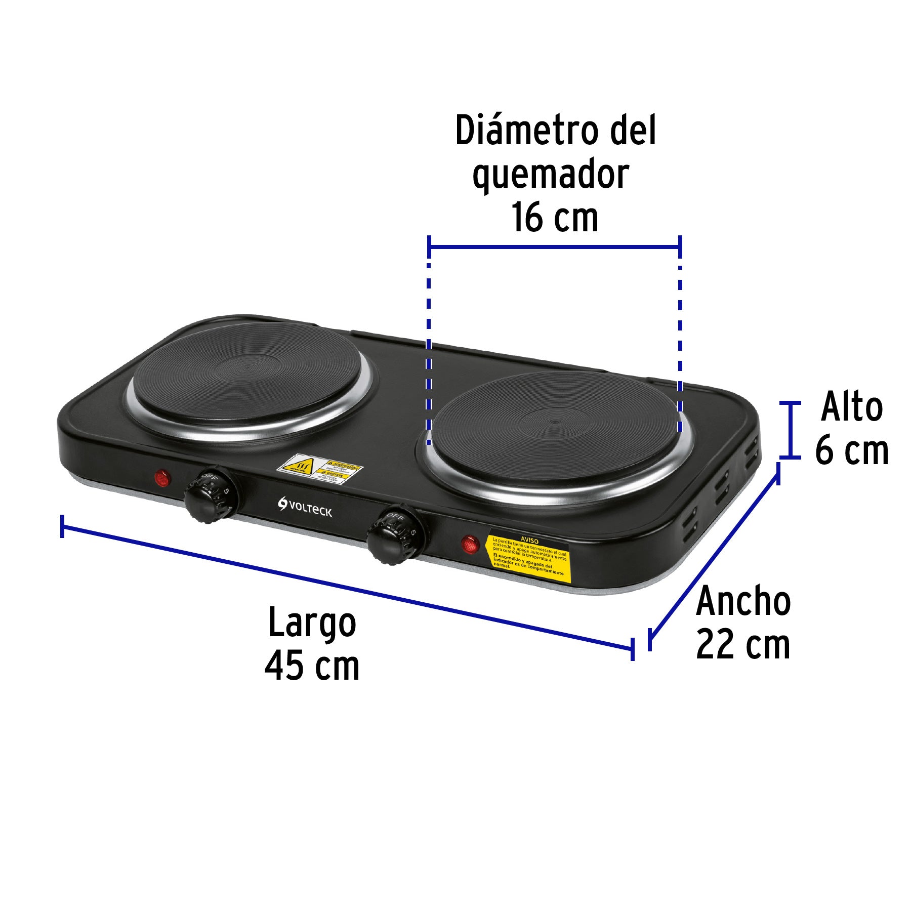 Parrilla eléctrica 2 quemadores de disco, negra, VOLTECK, 47553