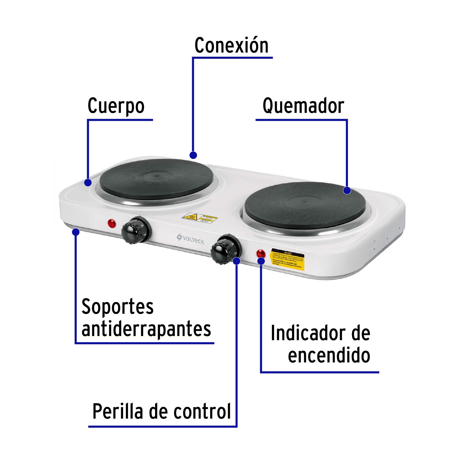 Parrilla eléctrica 2 quemadores de disco, blanca, VOLTECK, 49990