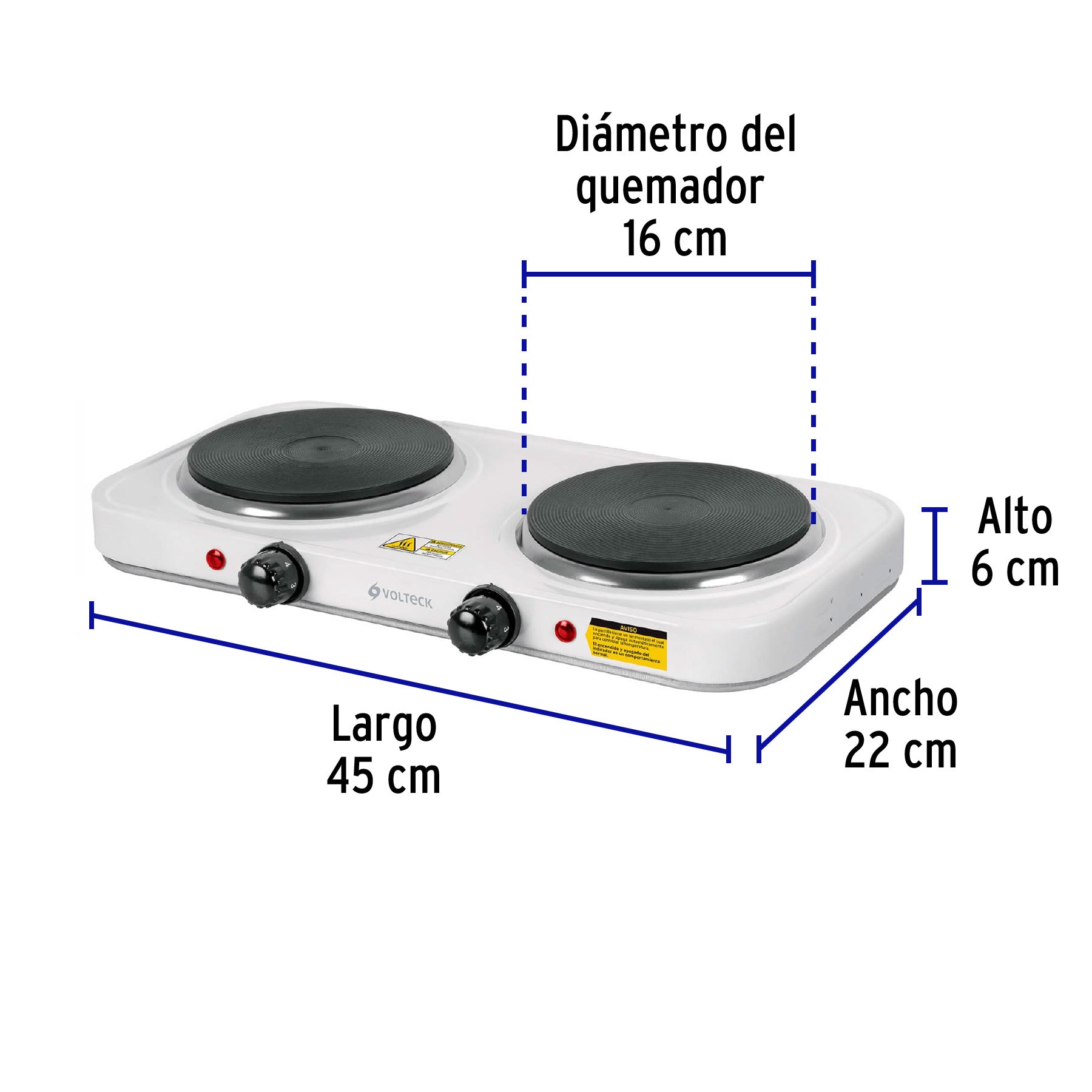 Parrilla eléctrica 2 quemadores de disco, blanca, VOLTECK, 49990