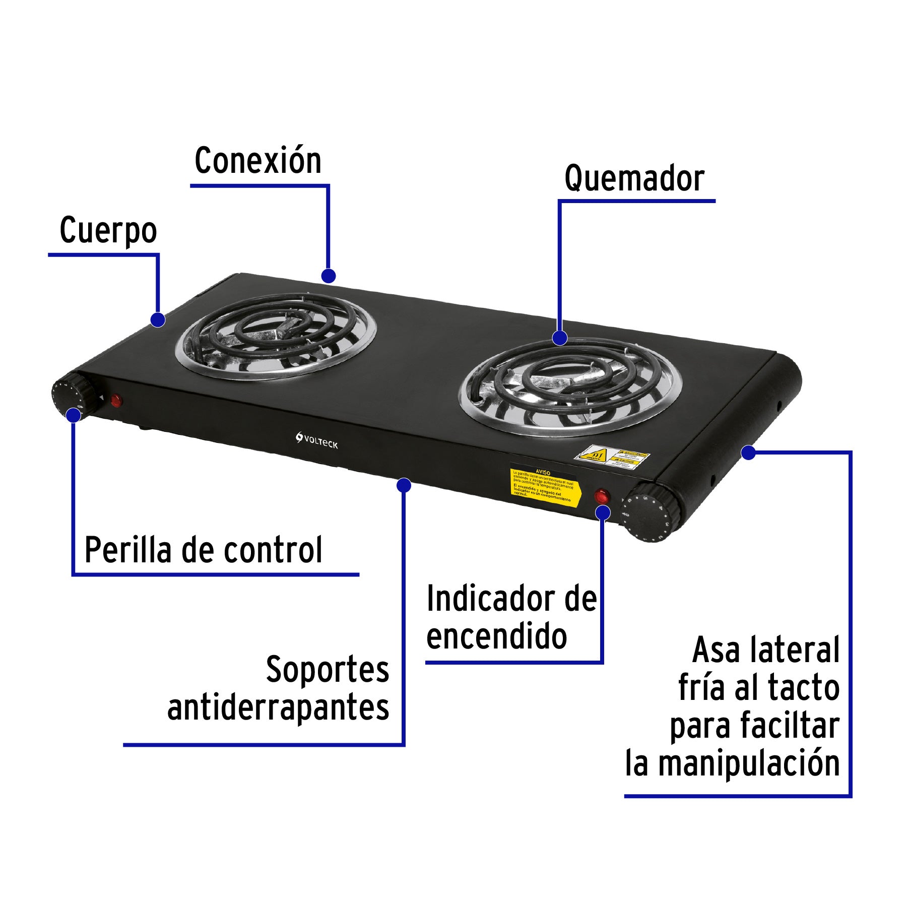 Parrilla eléctrica 2 quemadores en espiral, negra, VOLTECK, 47555