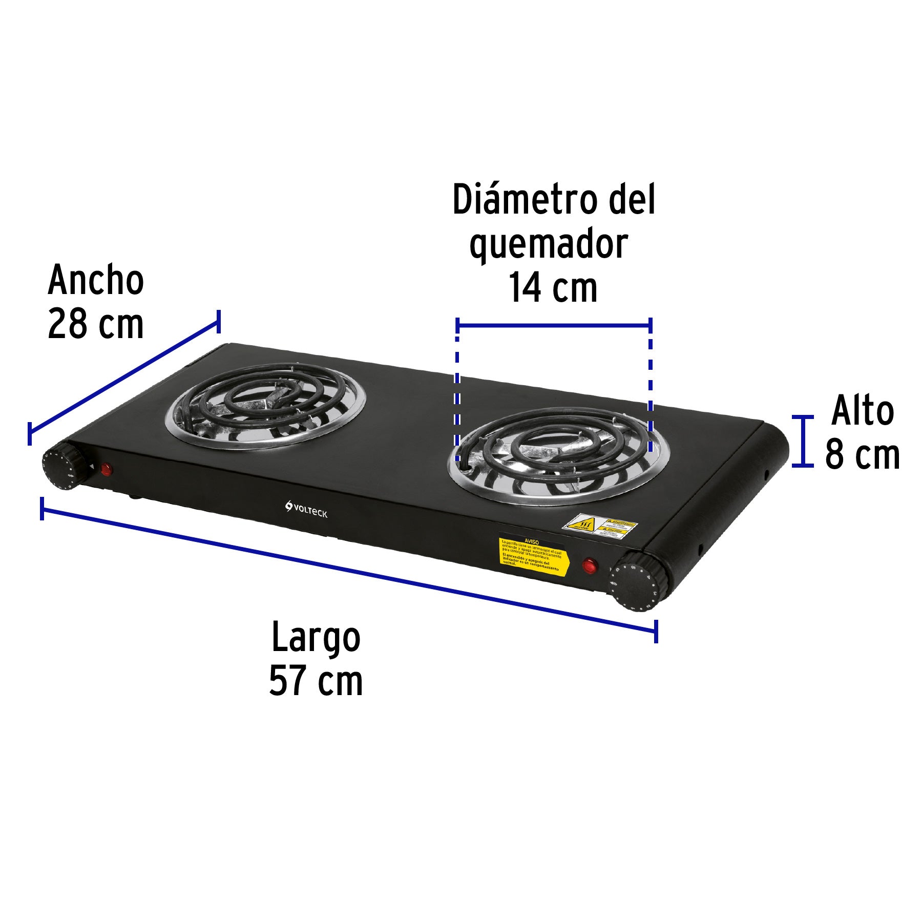 Parrilla eléctrica 2 quemadores en espiral, negra, VOLTECK, 47555