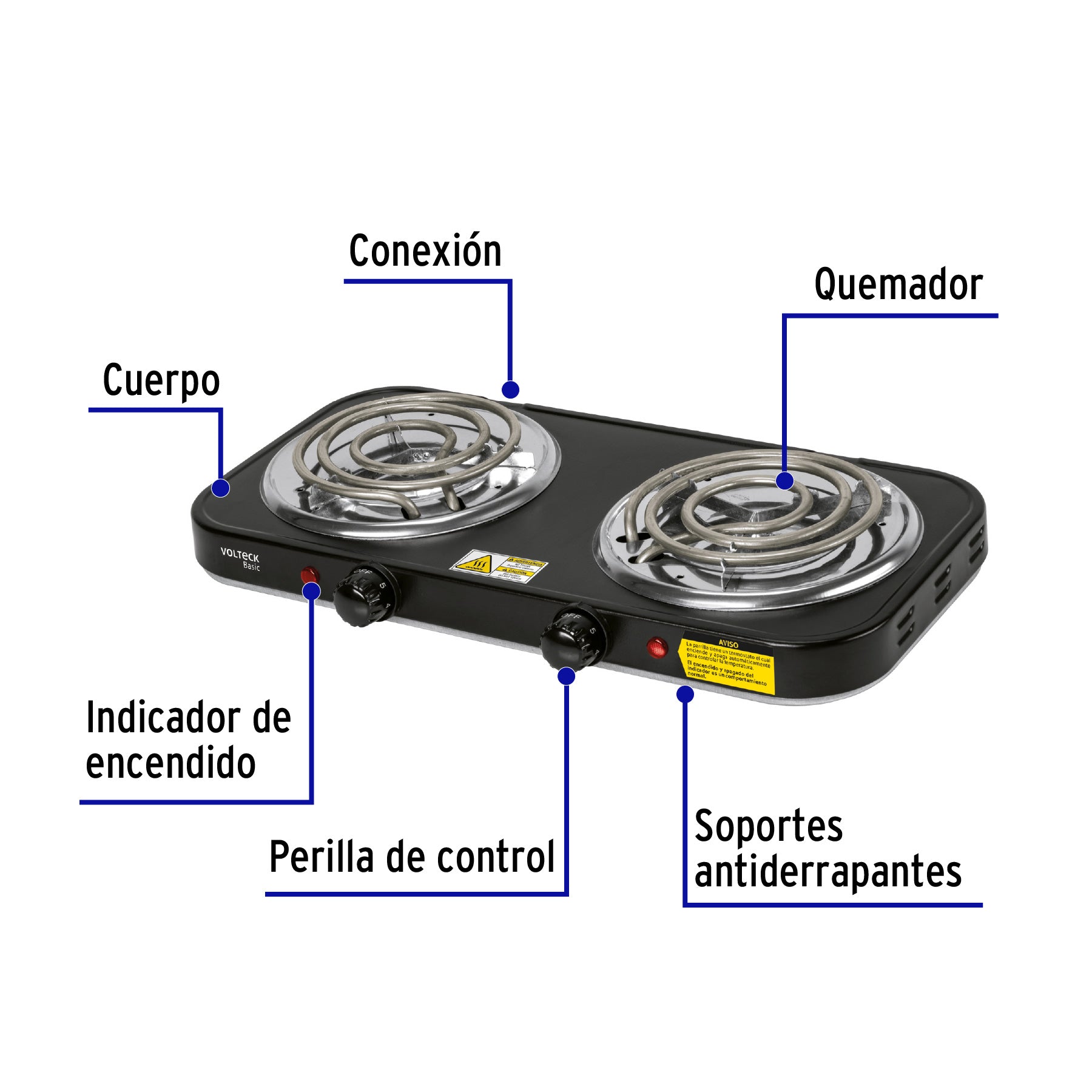 Parrilla eléctrica 2 quemadores en espiral, negra, BASIC, 26092