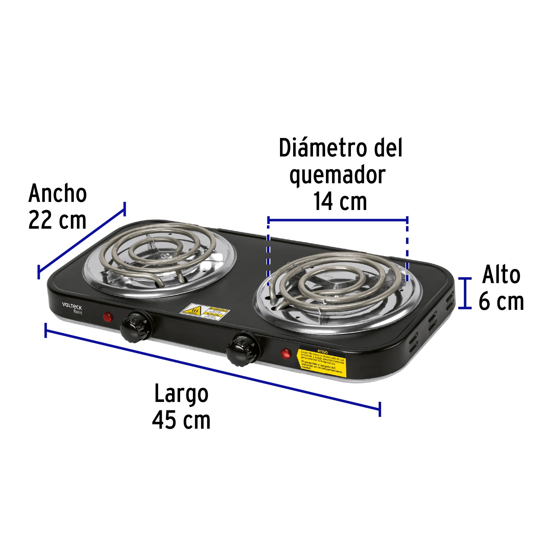 Parrilla eléctrica 2 quemadores en espiral, negra, BASIC, 26092