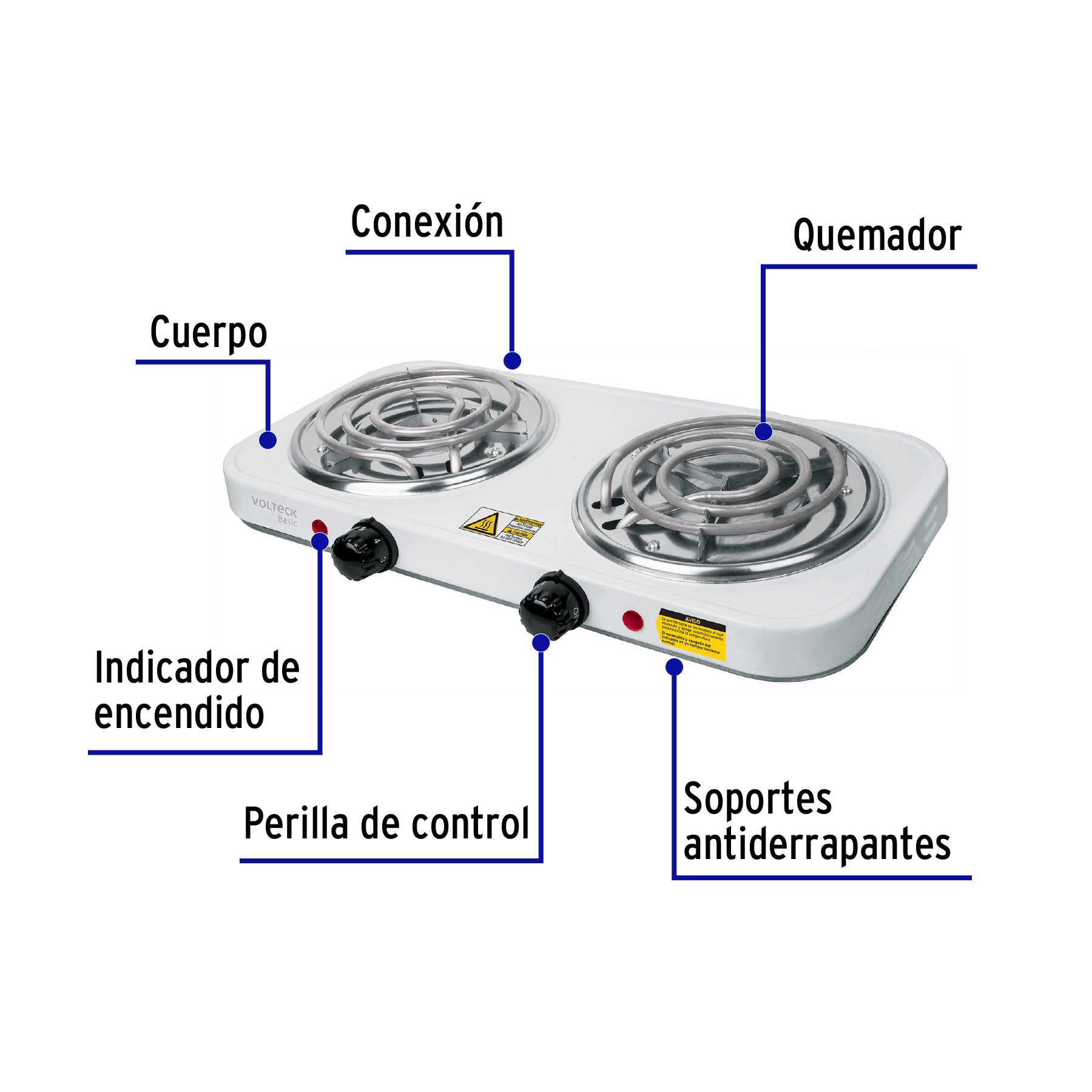 Parrilla eléctrica 2 quemadores en espiral, blanca, BASIC, 23032