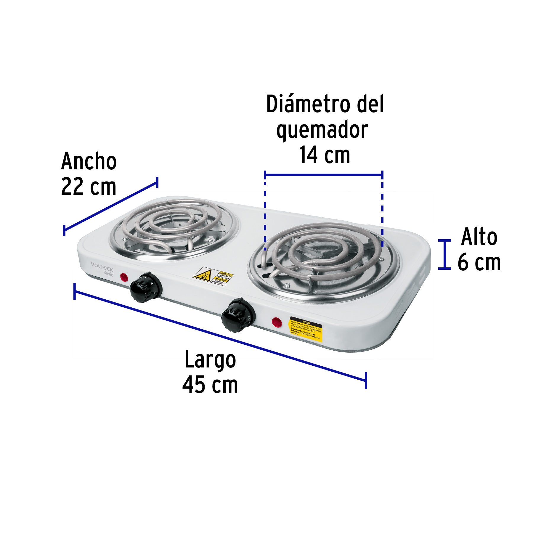 Parrilla eléctrica 2 quemadores en espiral, blanca, BASIC, 23032