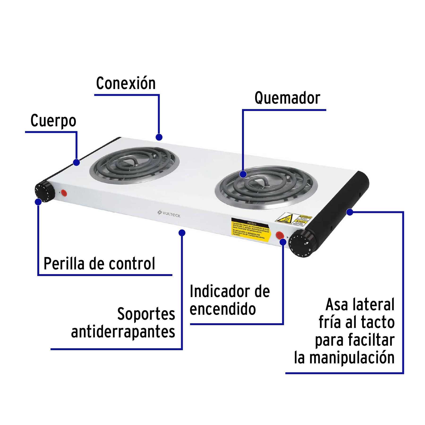 Parrilla eléctrica 2 quemadores en espiral, blanca, VOLTECK, 48127