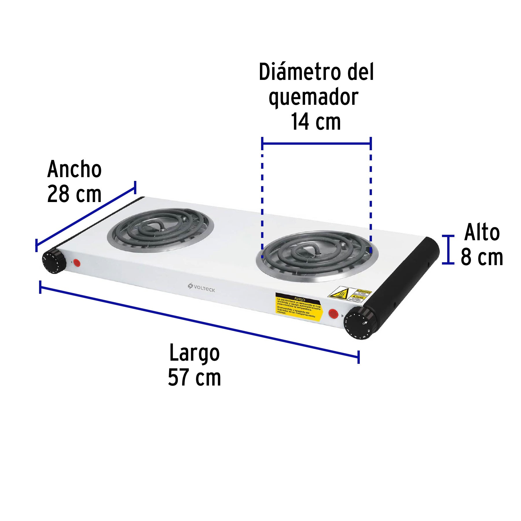 Parrilla eléctrica 2 quemadores en espiral, blanca, VOLTECK, 48127