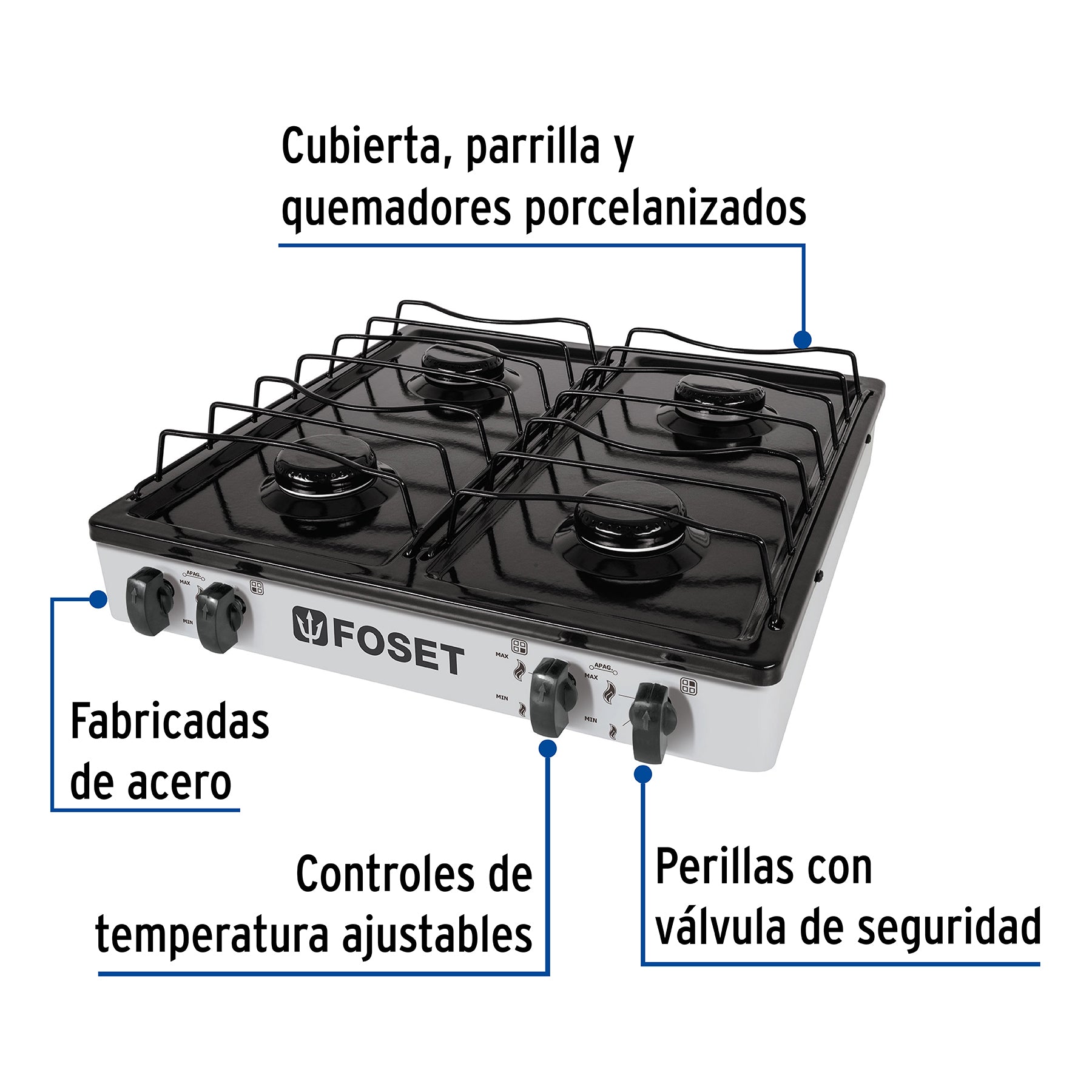 Parrilla de gas de sobreponer 4 quemadores, blanca, Foset, 48150