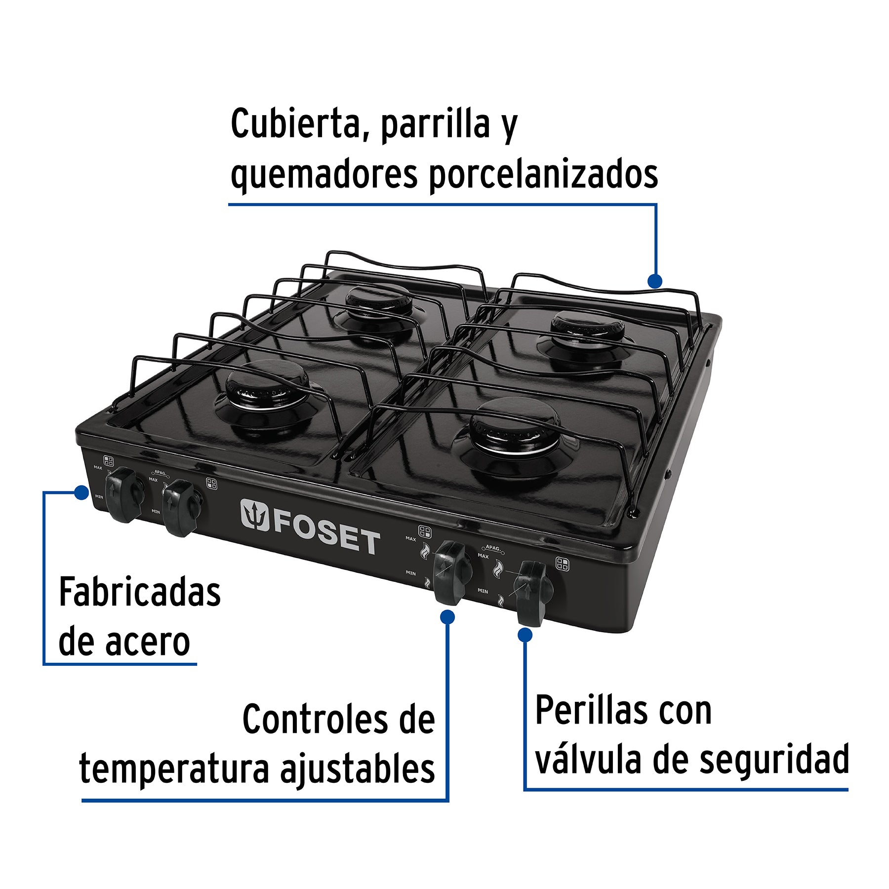 Parrilla de gas de sobreponer 4 quemadores, negra, Foset, 48149