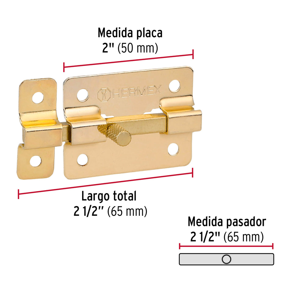Pasador de barra plana 2' acabado latón, Hermex Caja con 6, 43724