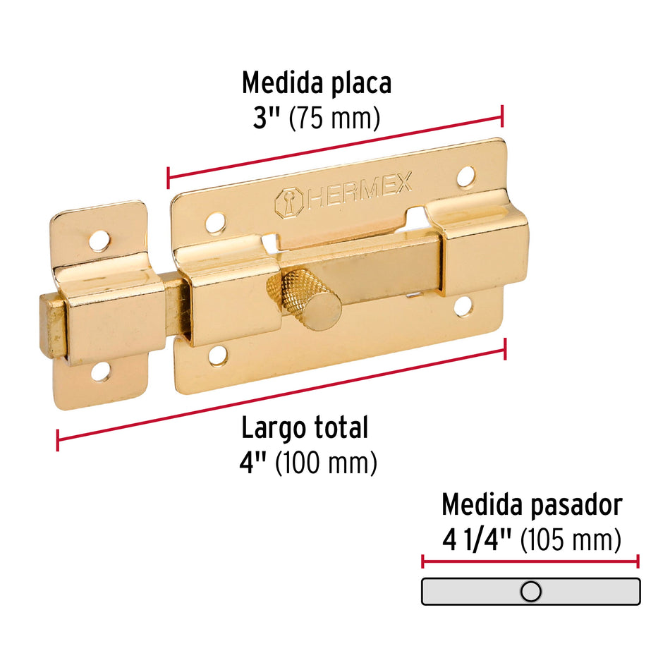 Pasador de barra plana 3' acabado latón, Hermex Caja con 6, 43725