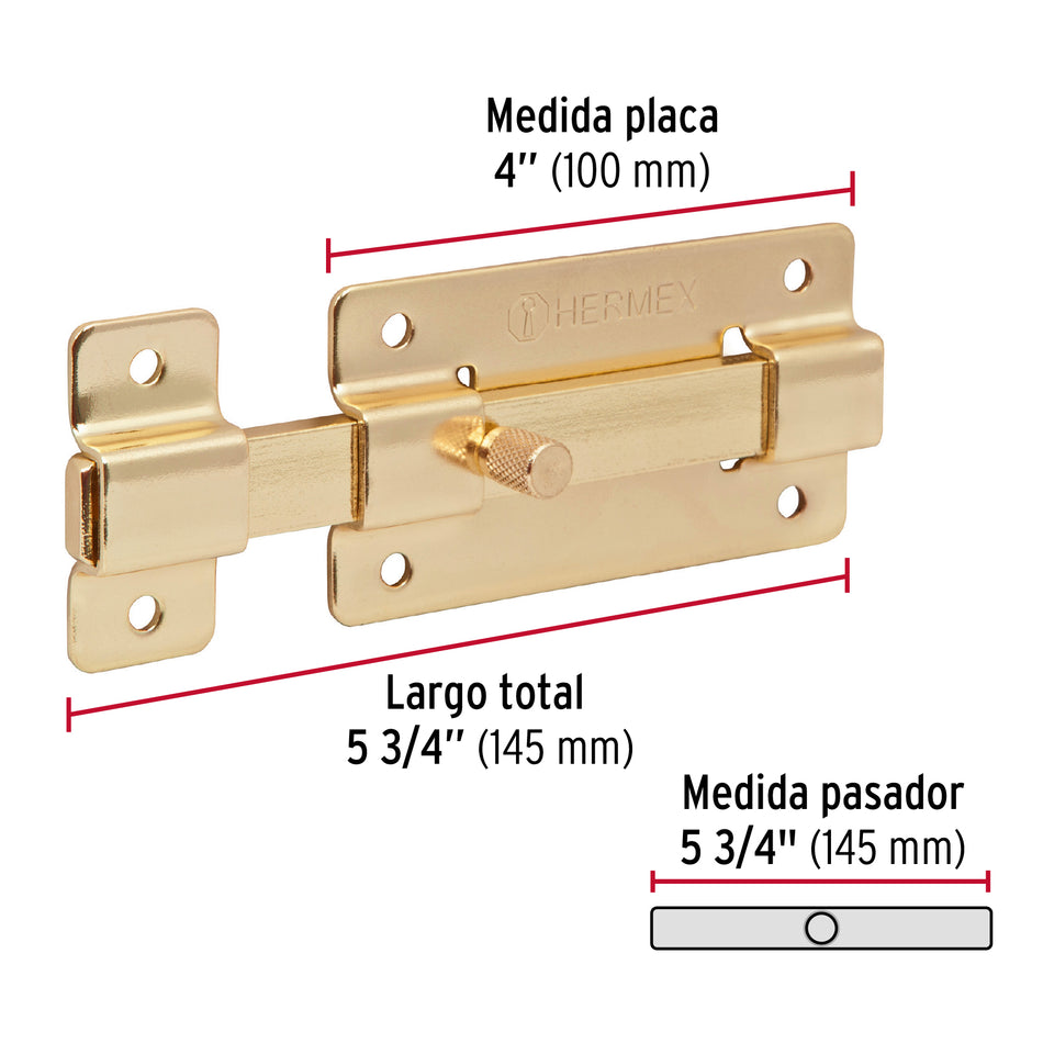 Pasador de barra plana 4' acabado latón, Hermex Caja con 6, 43726
