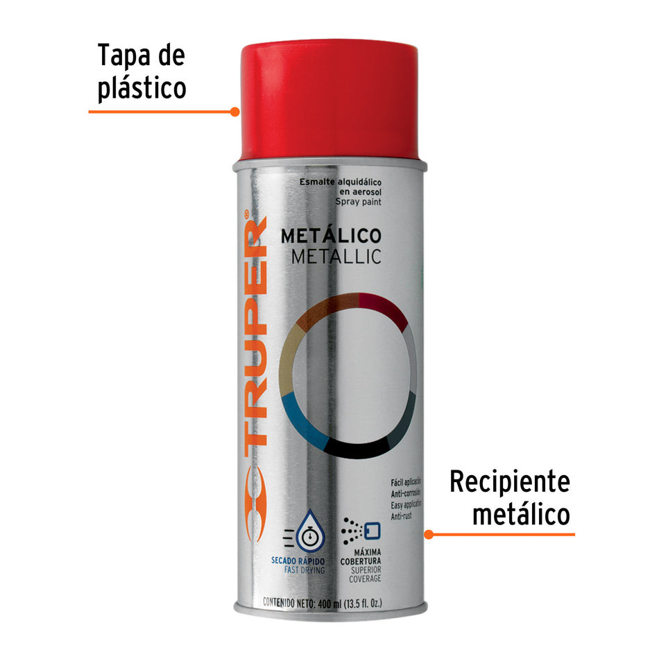 Pintura en aerosol, rojo metálico, 400 ml,Truper Caja con 6, 102841