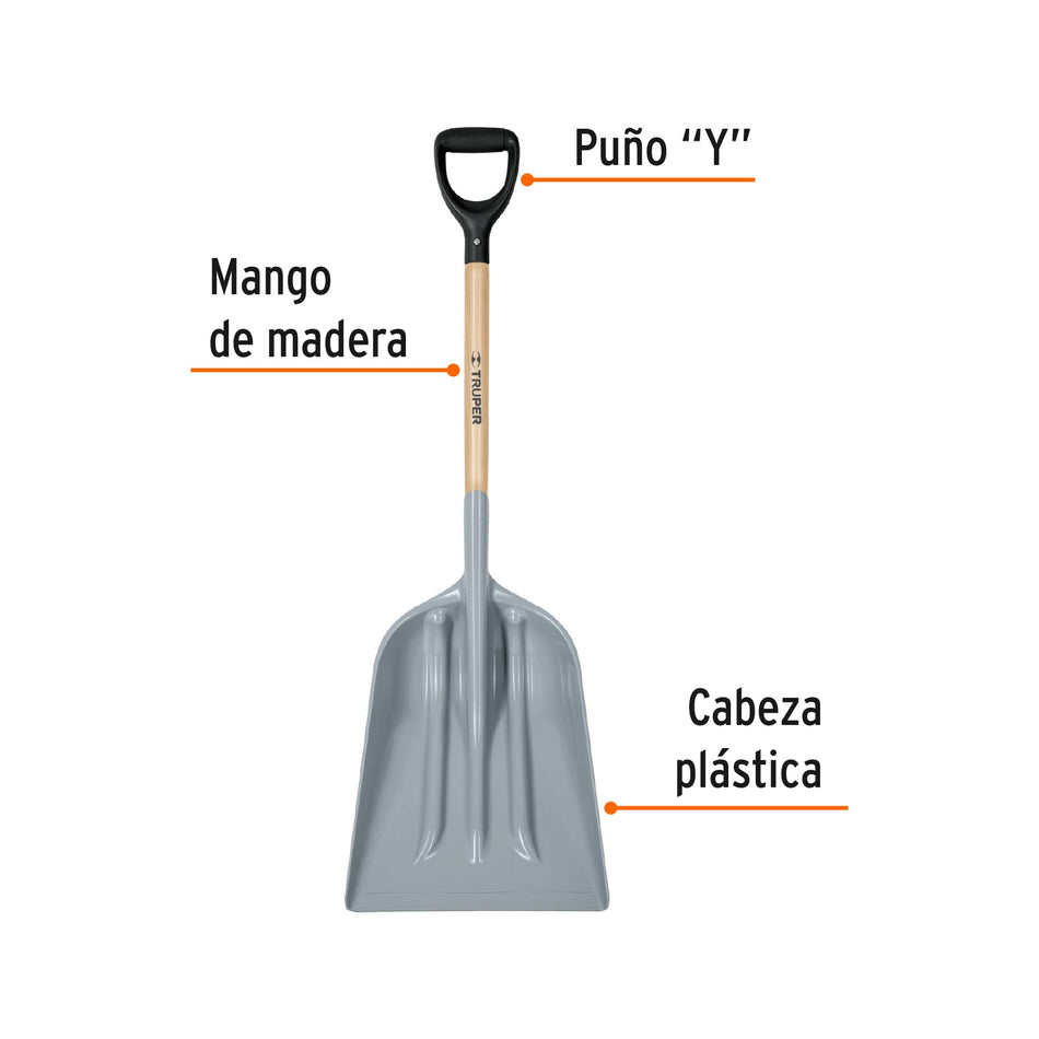 Pala sanitaria cabeza plástica, puño 'Y', mango 27', Truper Caja con 3, 17252