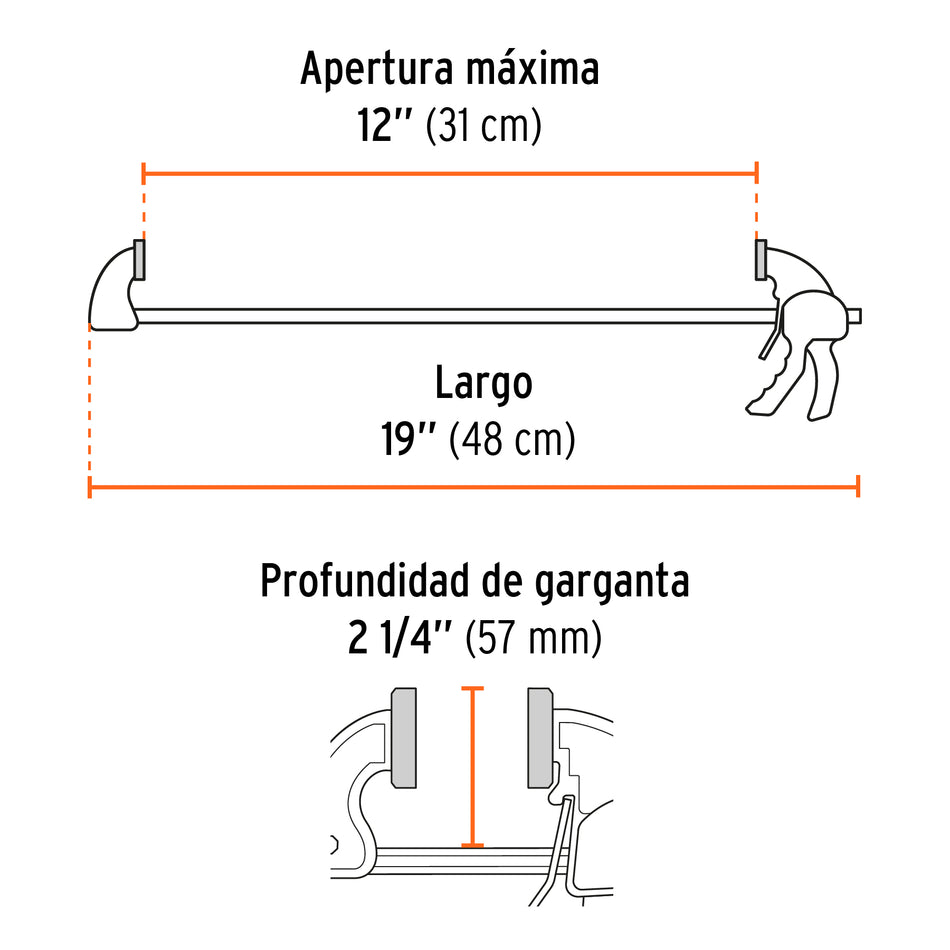 Prensa de ajuste rápido de 12'con cuerpo de nylon, Truper Caja con 2, 100141