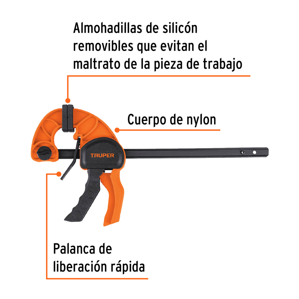 Prensa de ajuste rápido de 6'con cuerpo de nylon, Truper Caja con 2, 100140