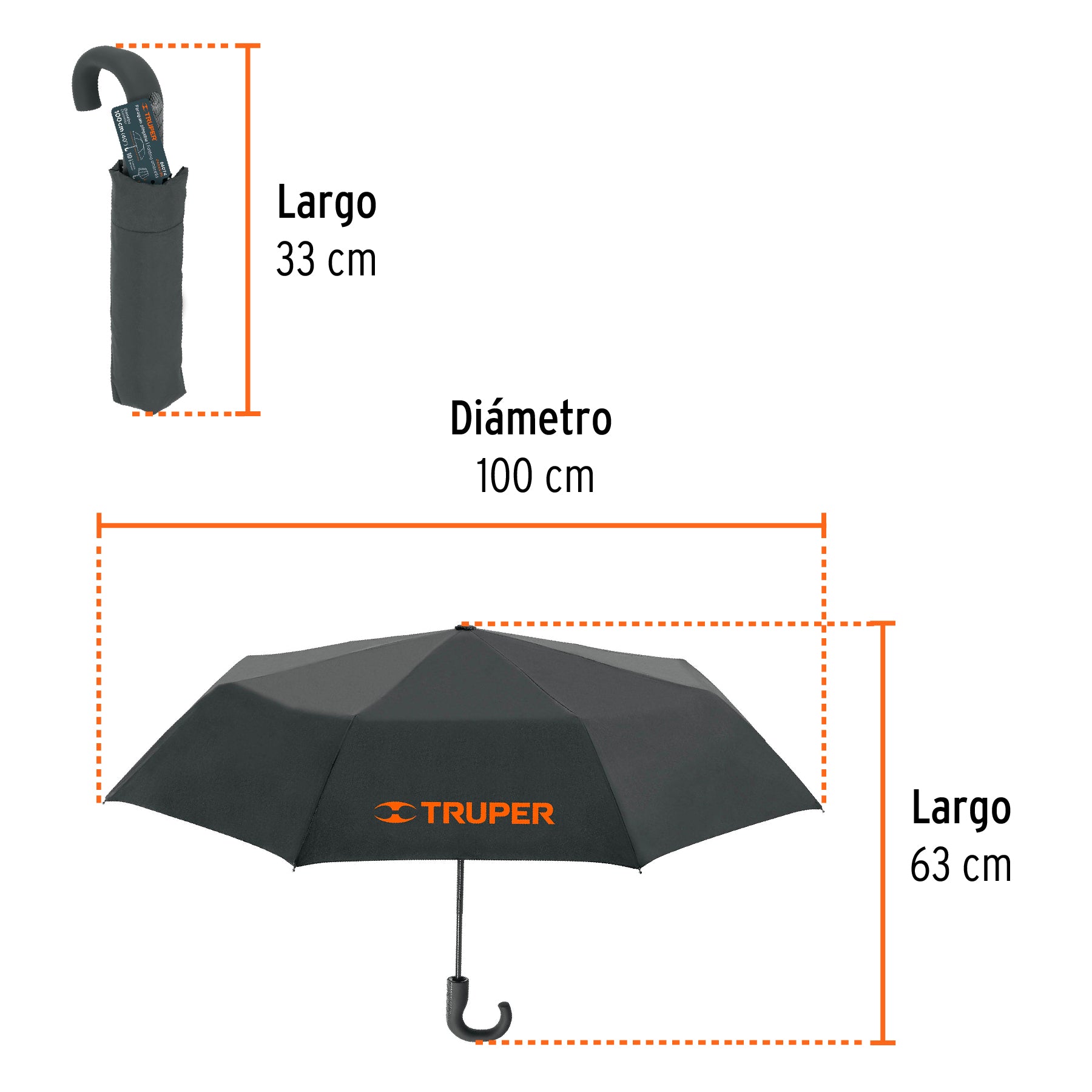 Paraguas compacto de 100 cm, Truper, 66074