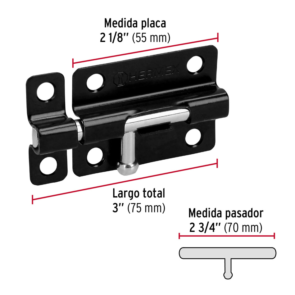 Pasador de barril 3' de acero acabado negro, Hermex Caja con 6, 43694