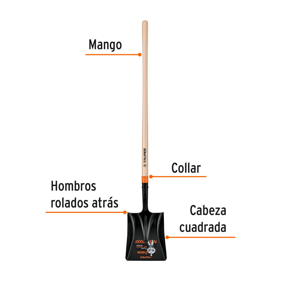 Pala cuadrada T-2000, mango largo 45', Truper Caja con 3, 17176