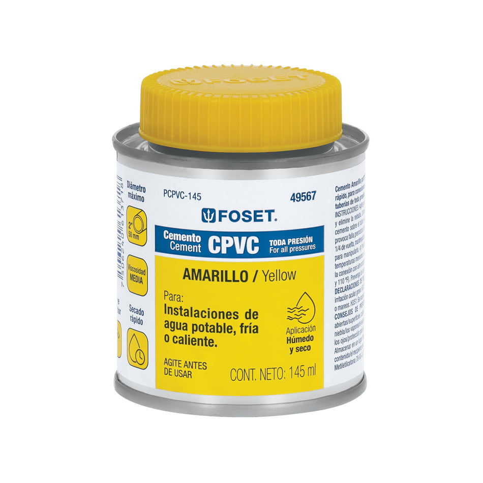 Cemento amarillo p/CPVC en bote de 145 ml,baja presión,Foset Caja con 8, 49567