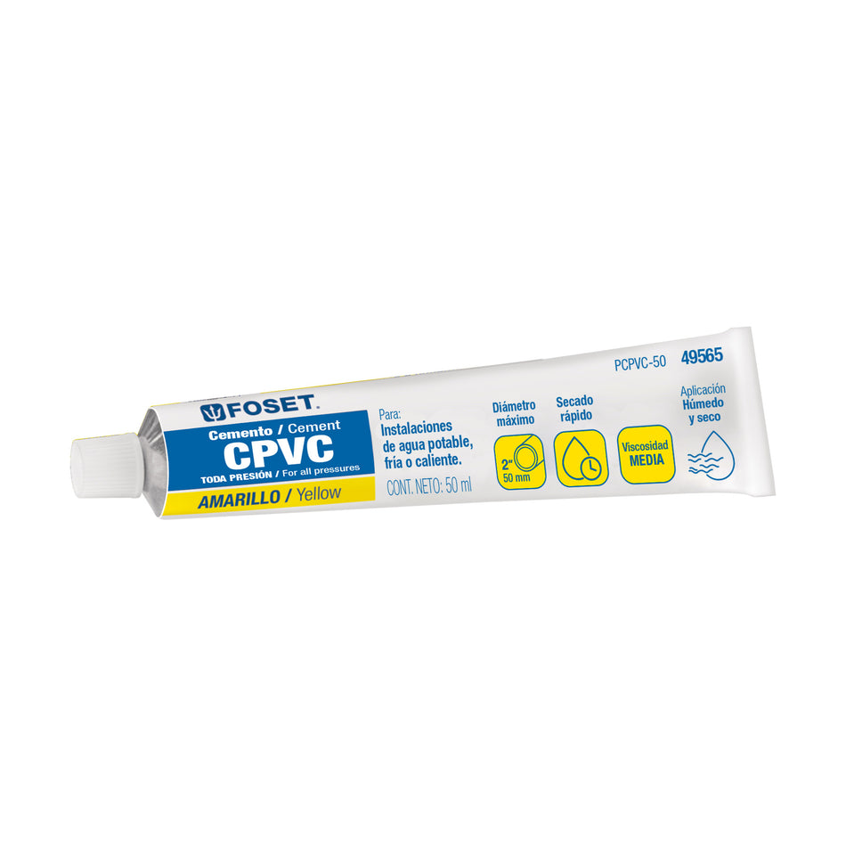 Cemento amarillo p/CPVC en tubo de 50 ml, baja presión,Foset Caja con 12, 49565
