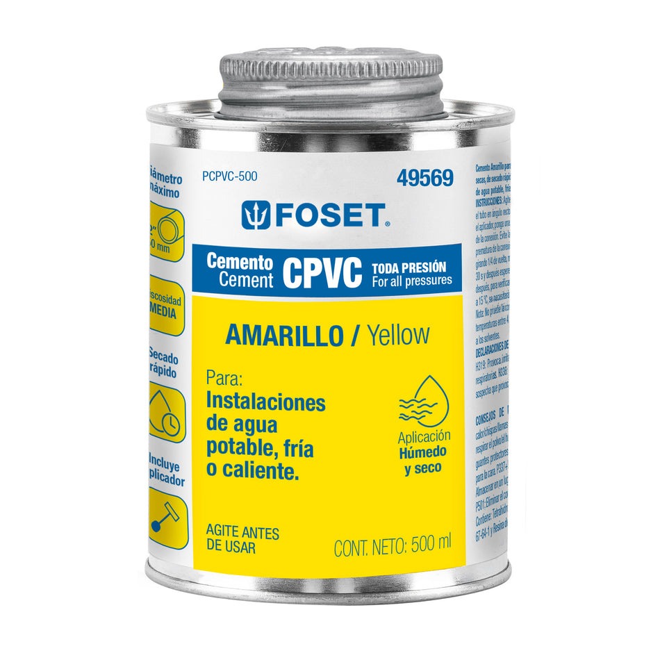 Cemento amarillo p/CPVC en bote de 500 ml,baja presión,Foset Caja con 4, 49569