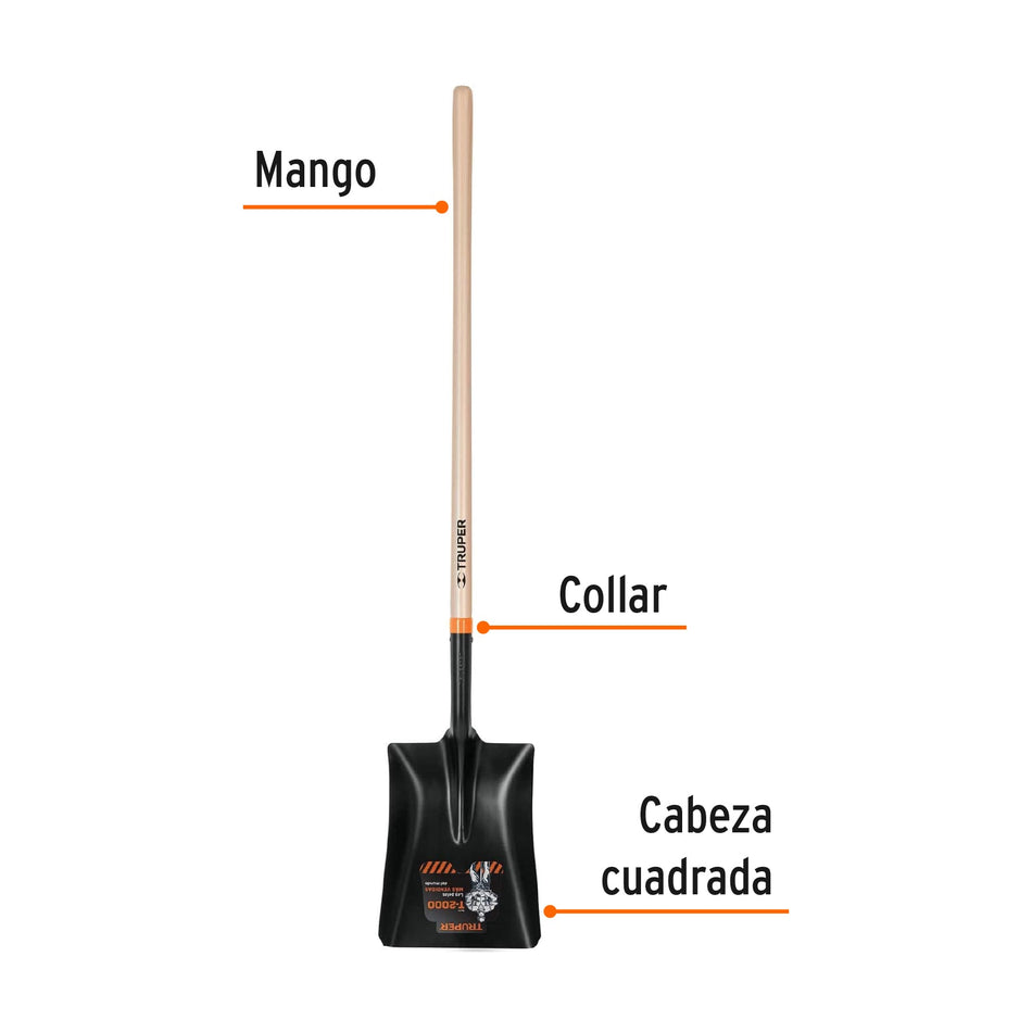 Pala T-2000 cuadrada, tipo español, mango largo 41', Truper Caja con 3, 11391