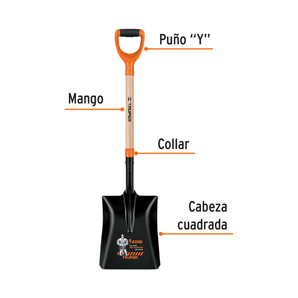 Pala cuadrada #4 T-2000 tipo español, puño 'Y', Truper Caja con 3, 17202