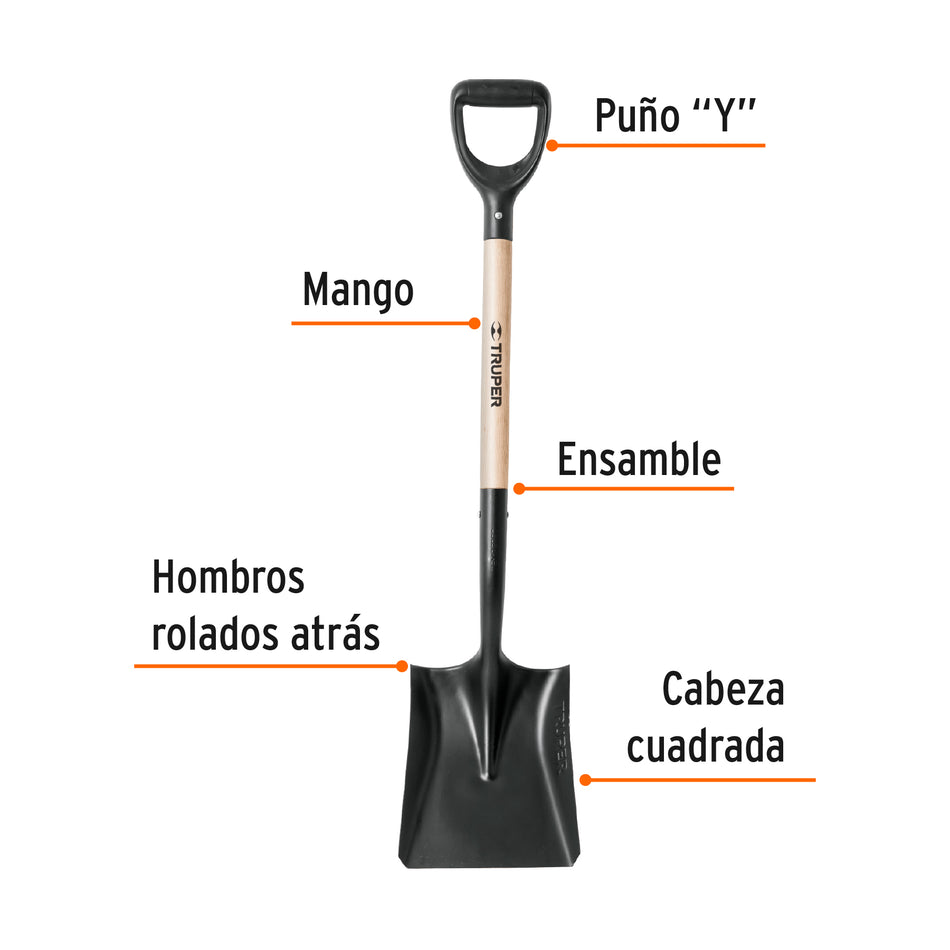 Pala cuadrada T-1000, puño 'Y', Truper Caja con 3, 11039