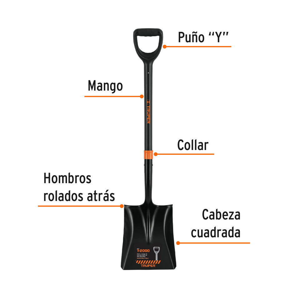 Pala cuadrada T-2000, puño 'Y' mango fibra de vidrio, Truper Caja con 3, 102457