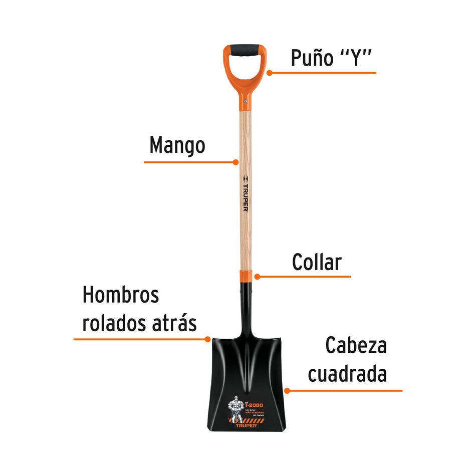 Pala cuadrada T-2000, puño offset 'Y', mango 36', Truper Caja con 3, 102563
