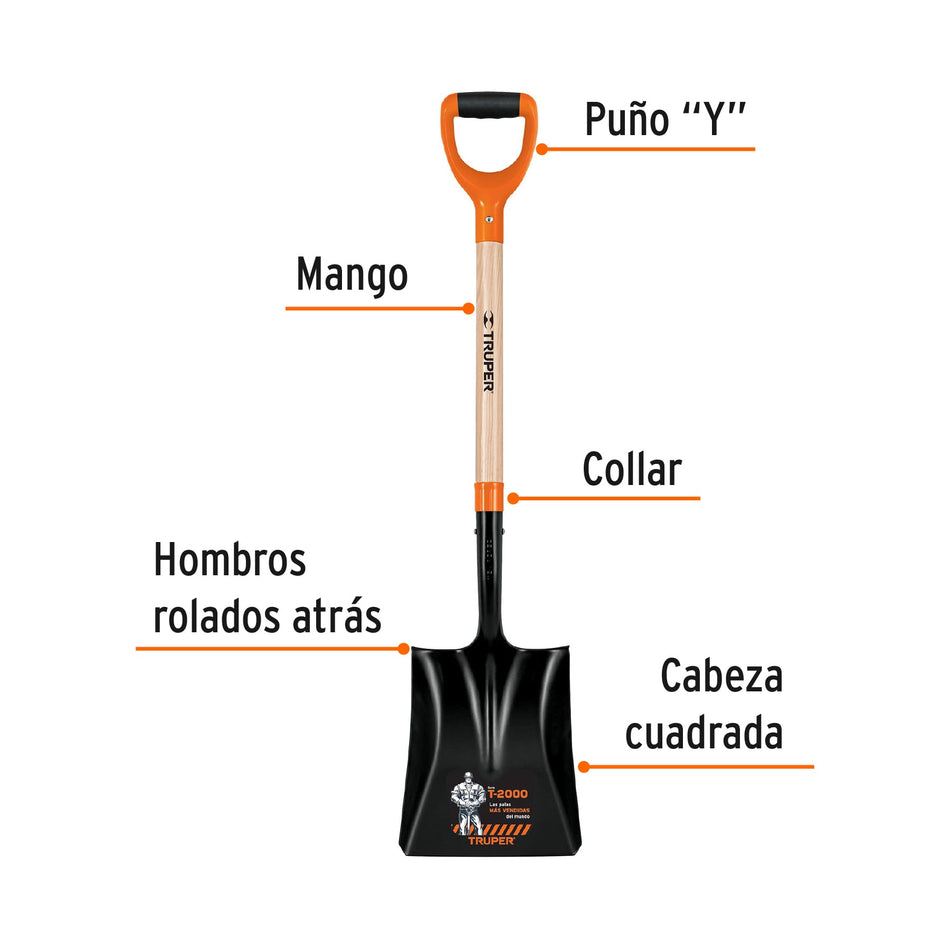 Pala cuadrada T-2000, puño 'Y', Truper Caja con 6, 17161