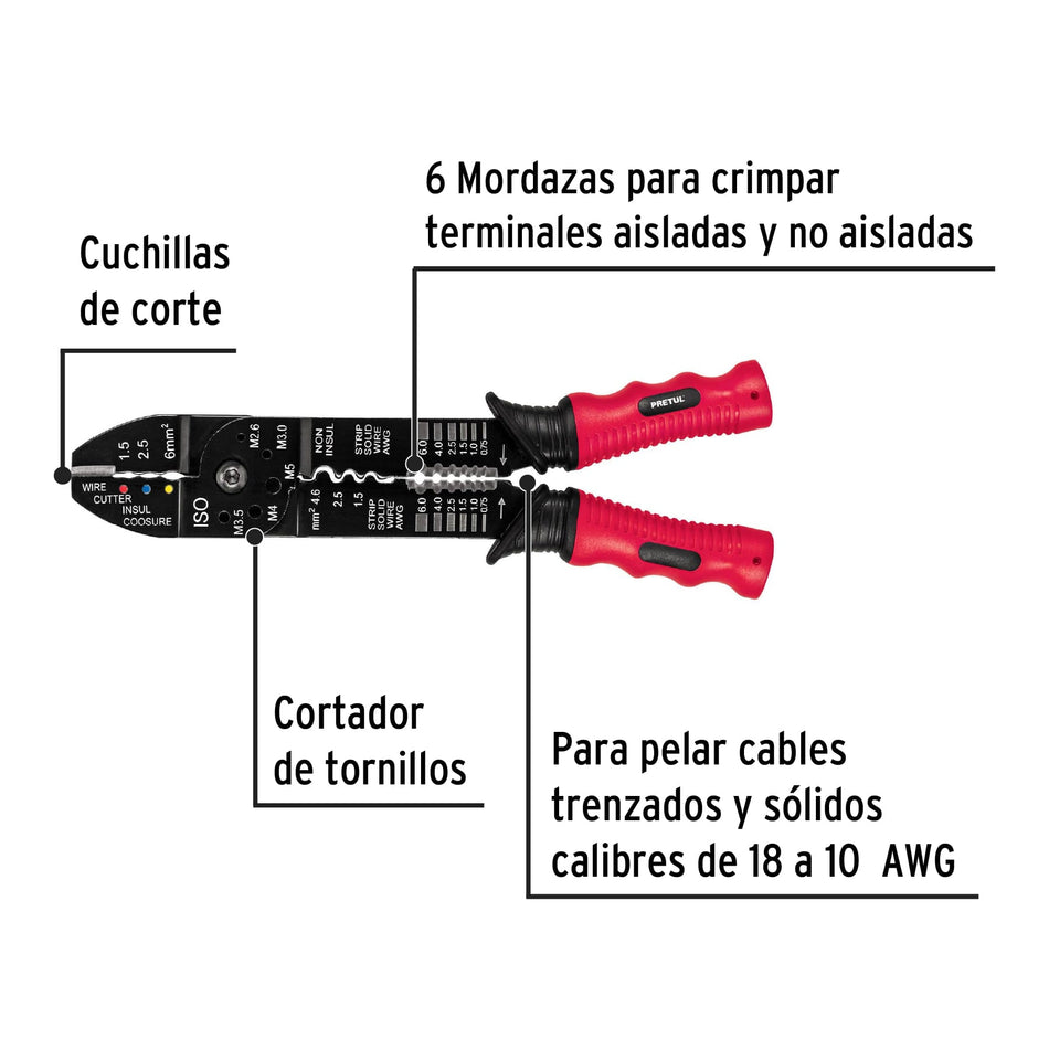 Pinza 9' pela cables, 18 a 10 AWG, PRETUL Caja con 6, 22710