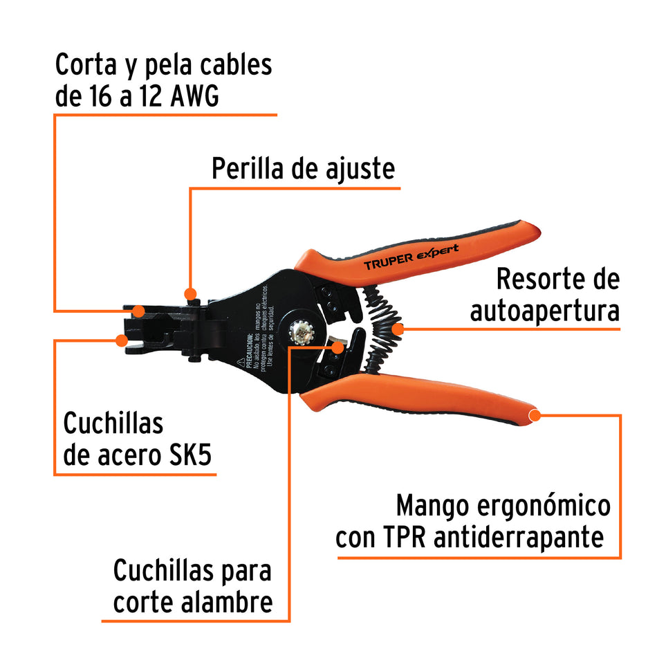 Pinza 6' pela cables automática, 16 a 12 AWG, TRUPER EXPERT, 17376