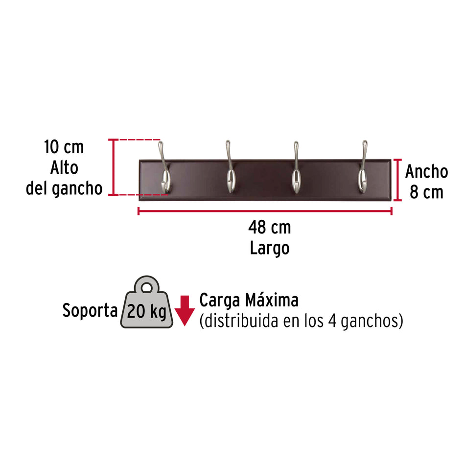 Perchero para pared con 4 ganchos satinados, Hermex Caja con 2, 49624
