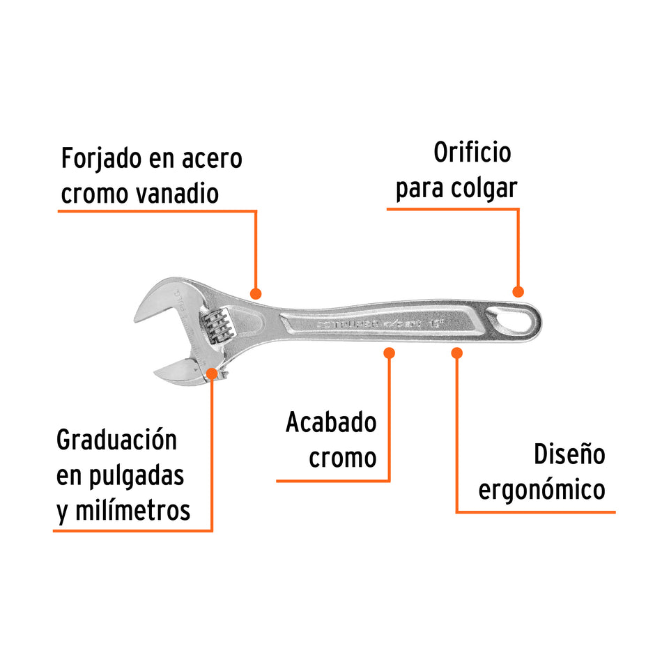 Llave ajustable (perico) 12' profesional cromada, Expert Caja con 6, 15508