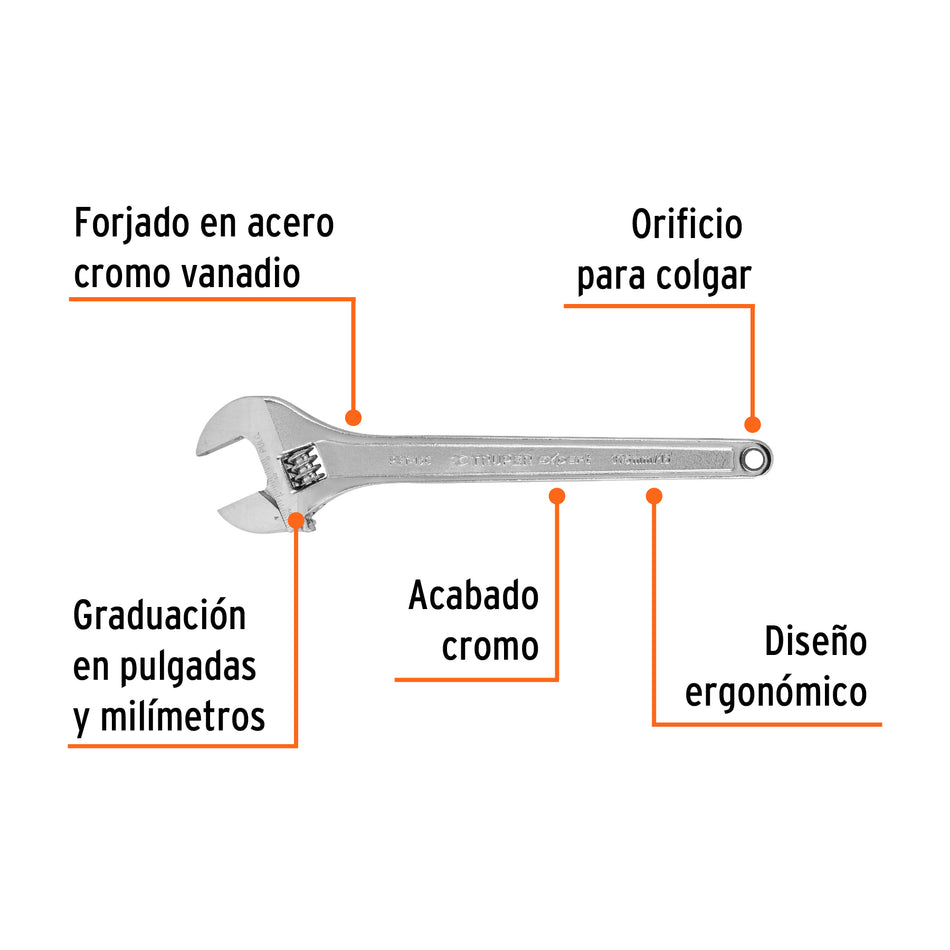 Llave ajustable (perico) 15' profesional cromada, Expert, 100049
