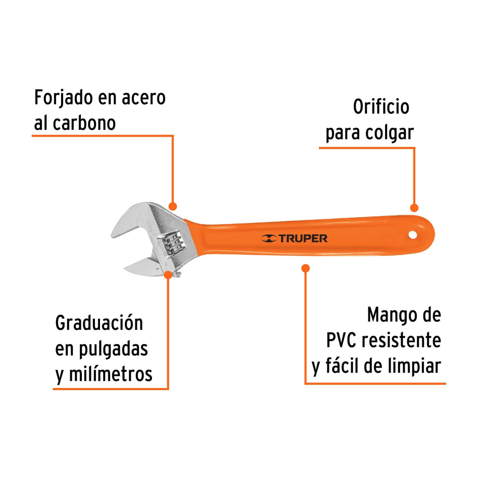 Llave ajustable (perico) 15' cromada mango de PVC, Truper Caja con 4, 100048