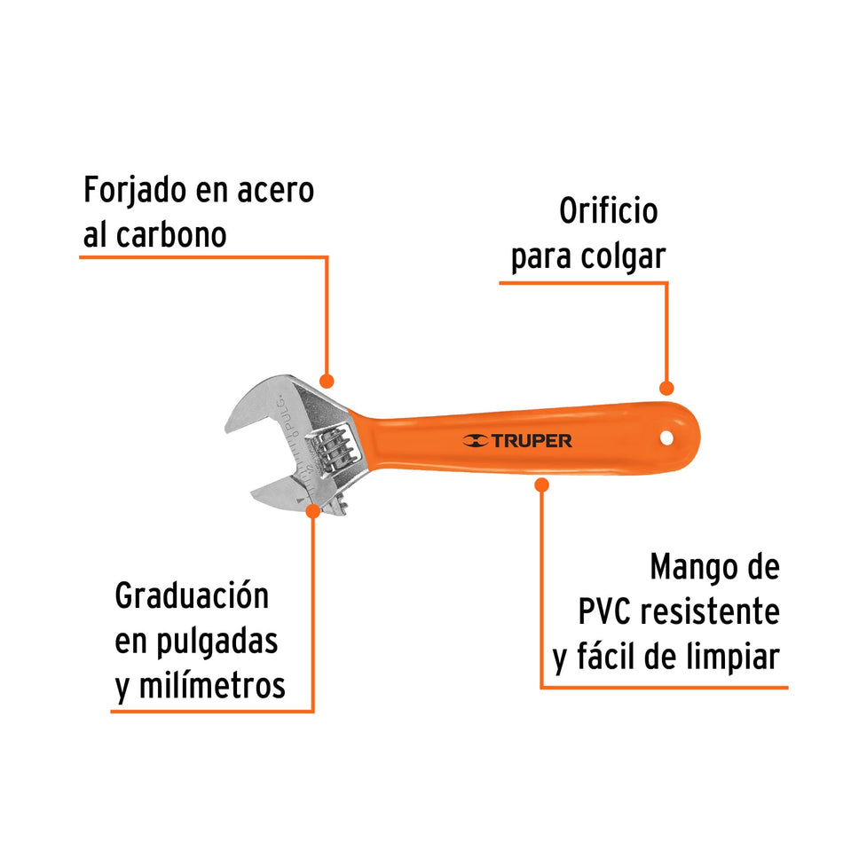 Llave ajustable (perico) 6' cromada mango de PVC, Truper Caja con 6, 15509