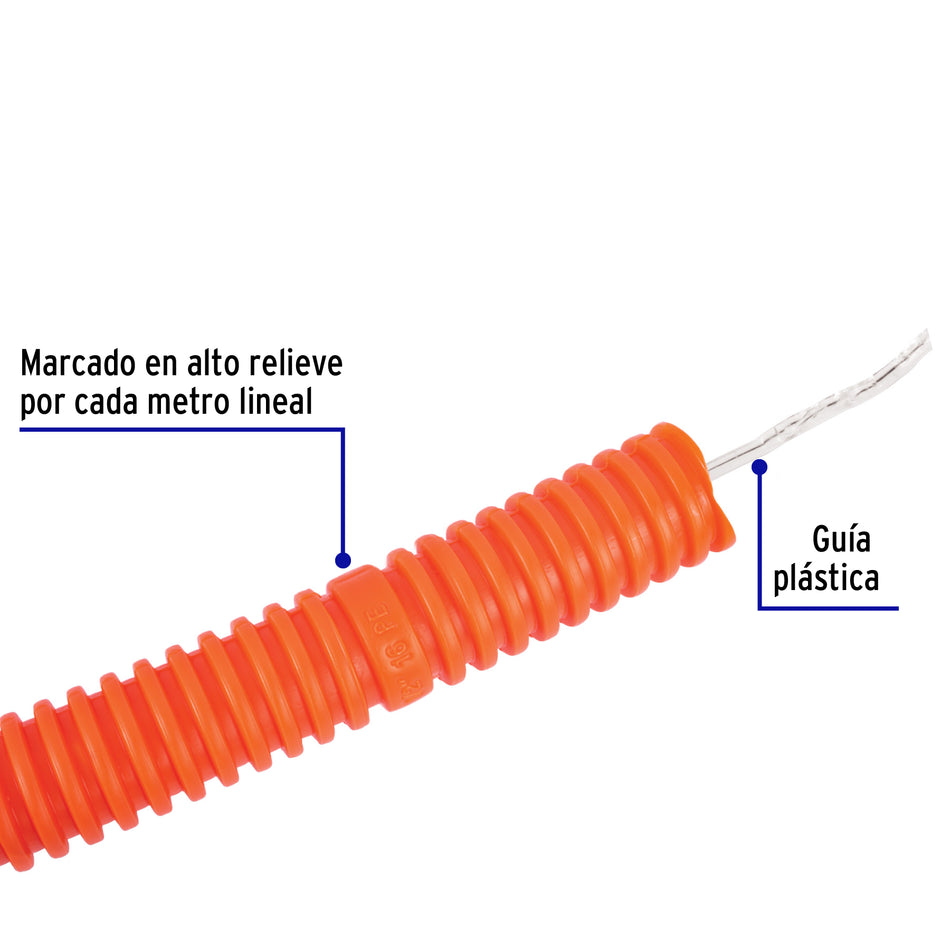Metro de poliducto 1/2' corrugado flex. c/guía, rollo 50 m Caja con 50, 40132