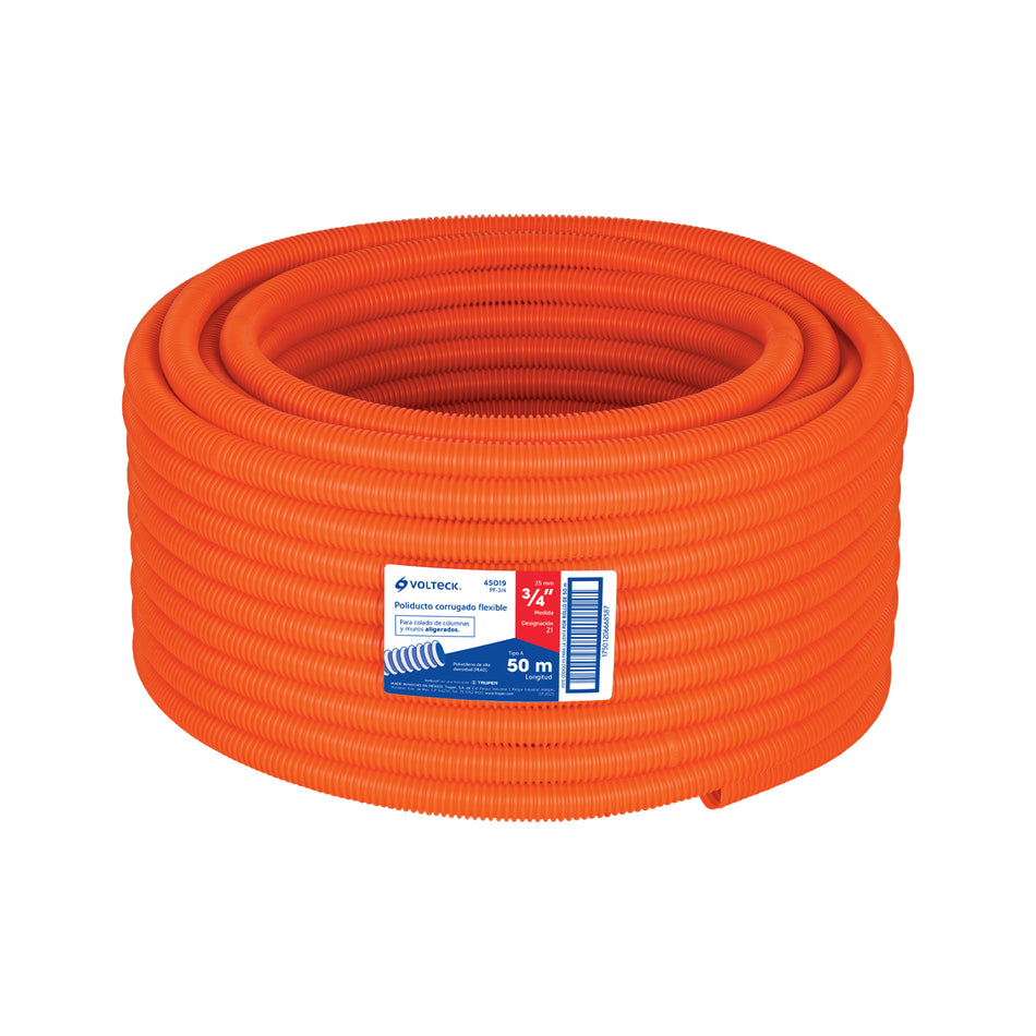 Metro de poliducto 3/4' corrugado flex. s/guía, rollo 50 m Caja con 50, 45019
