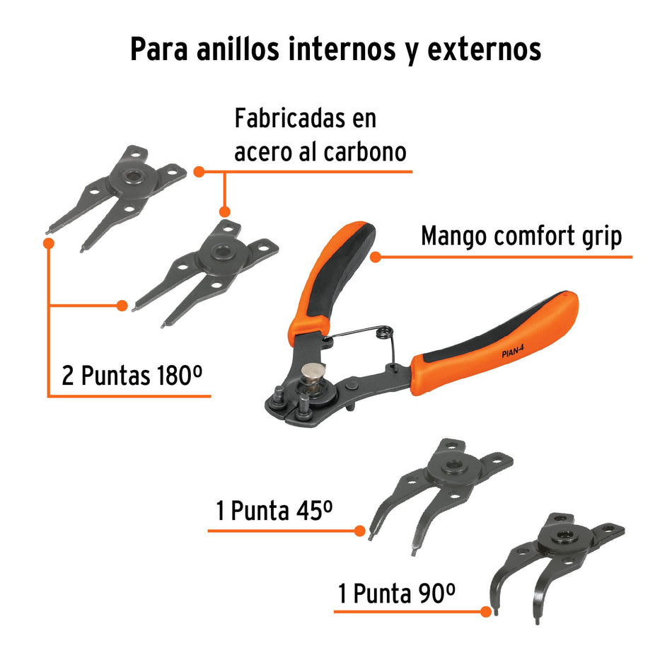 Pinza para anillos de retención 6' 4 cabezas intercambiables Caja con 6, 17355