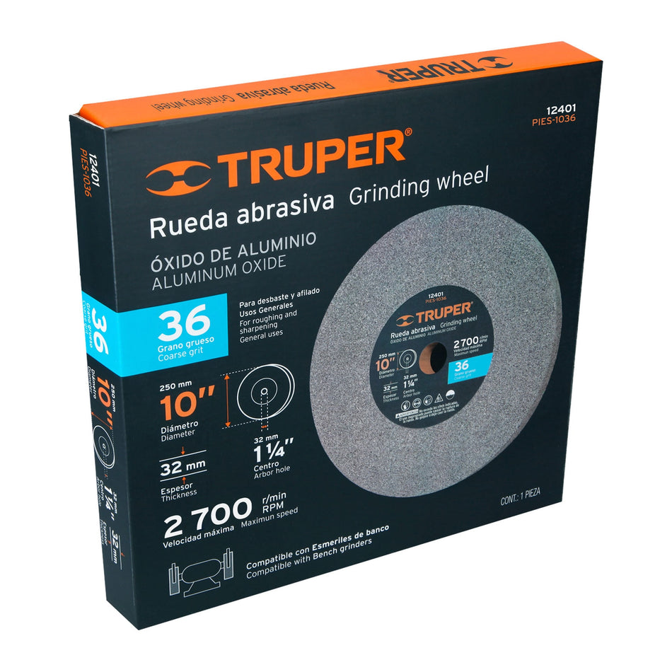 Rueda abrasiva p/esmeril 10X1 1/4', óxido aluminio, grano 36 Caja con 2, 12401