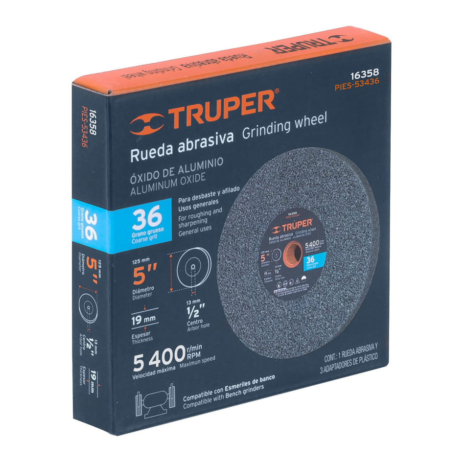 Rueda abrasiva p/esmeril 5X3/4', óxido de aluminio, grano 36 Caja con 6, 16358