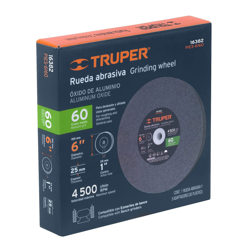 Rueda abrasiva p/esmeril 6 X 1', óxido de aluminio, grano 60 Caja con 6, 16382