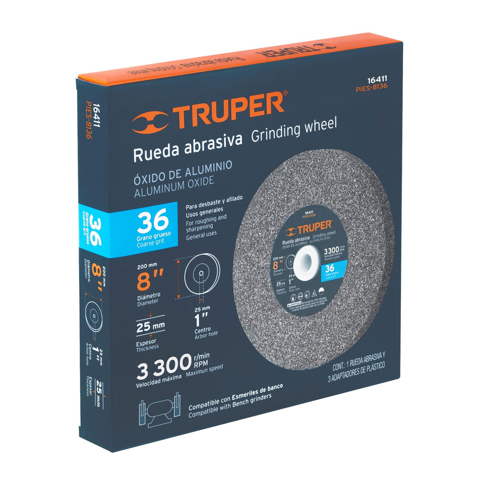 Rueda abrasiva p/esmeril 8 X 1', óxido de aluminio, grano 36 Caja con 6, 16411