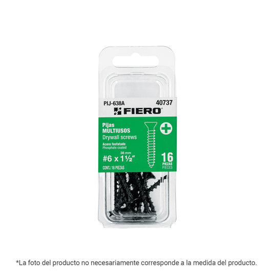 Blíster con 10 pijas #10 x 1-1/2' multiusos, FIERO Caja con 12, 40780