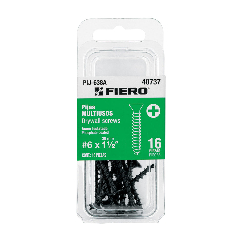 Blíster con 16 pijas multiusos, #6 x 1-1/2', Fiero Caja con 12, 40737