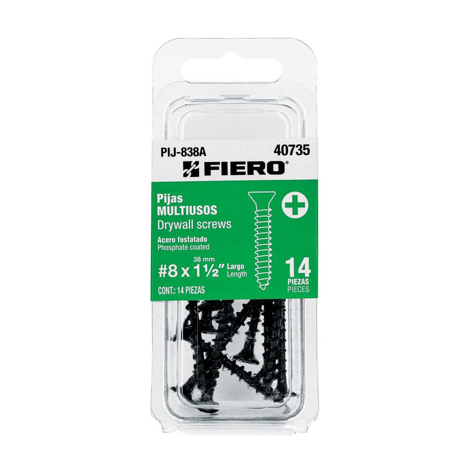 Blíster con 14 pijas multiusos, #8 x 1-1/2', Fiero Caja con 12, 40735