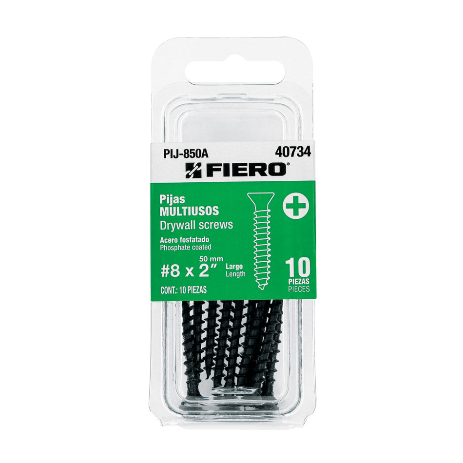 Blíster con 10 pijas multiusos, #8 x 2' , Fiero Caja con 12, 40734